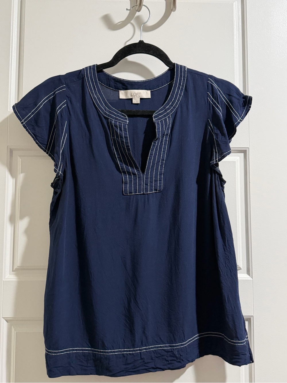 LOFT Navy Split-Neck Flutter Sleeve Top with White Stitching